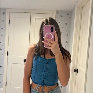 Japna Blue Crop Tank Top with Ruched Tie Front